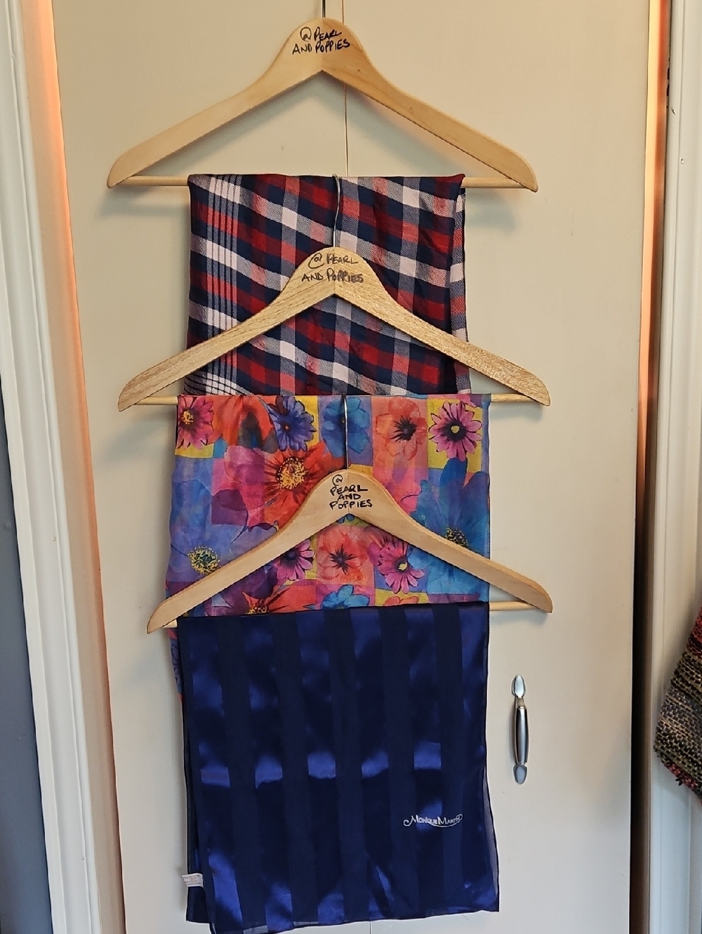 Vintage Scarve Trio, Navy Stripe, Floral Brights And Red/white Navy Plaid